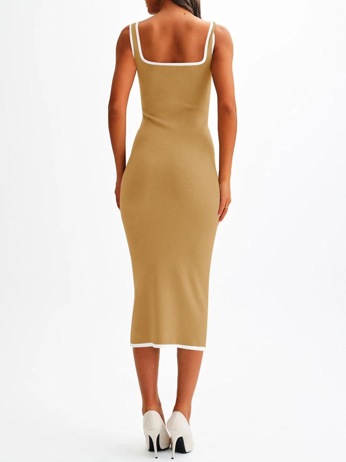 image:imageSaodimallsu Womens Summer Sleeveless Midi Dress Square Neck Knit Cocktail Bodycon Color Block Tank DressesBrown