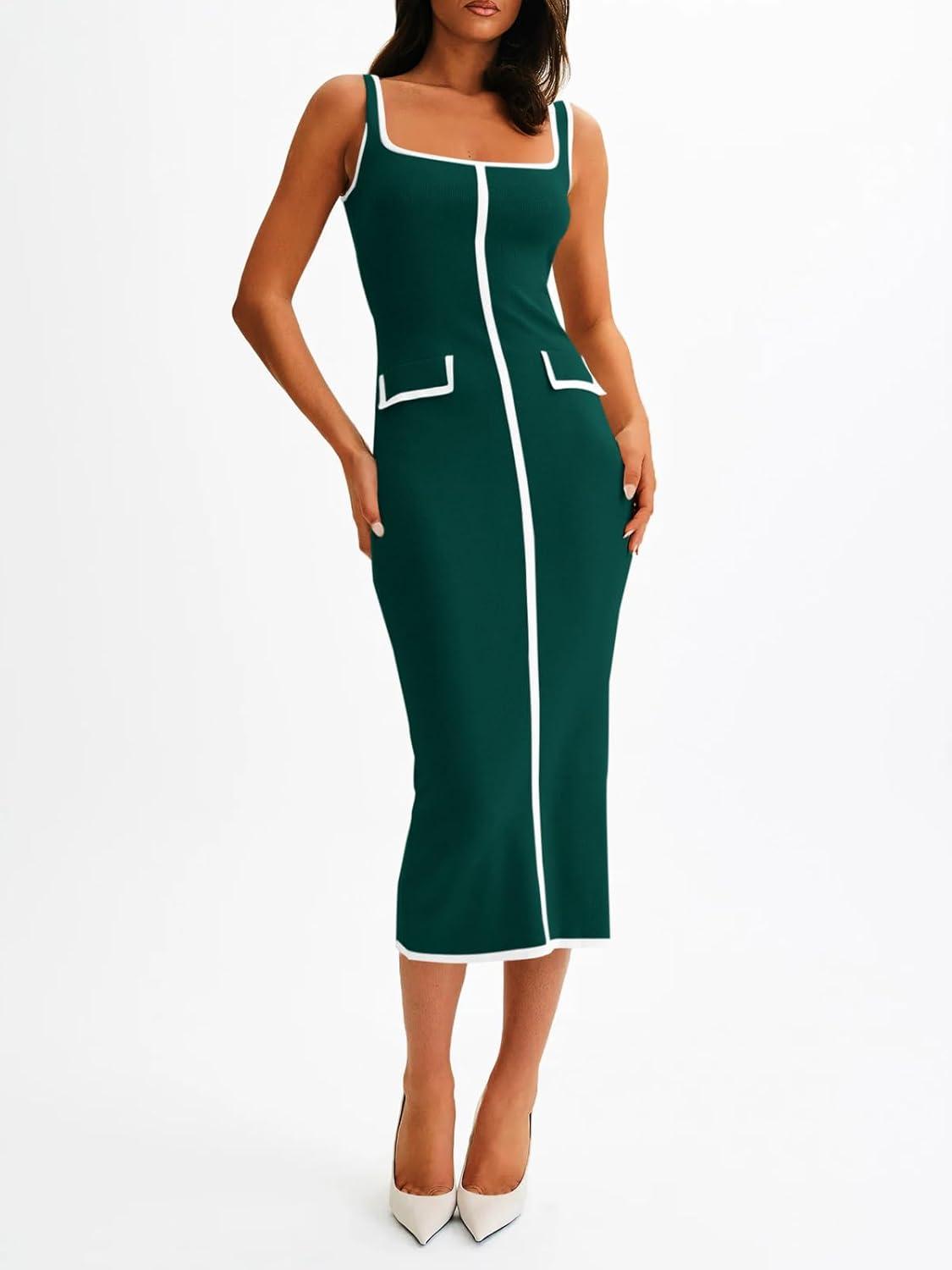 image:imageSaodimallsu Womens Summer Sleeveless Midi Dress Square Neck Knit Cocktail Bodycon Color Block Tank DressesDark Green