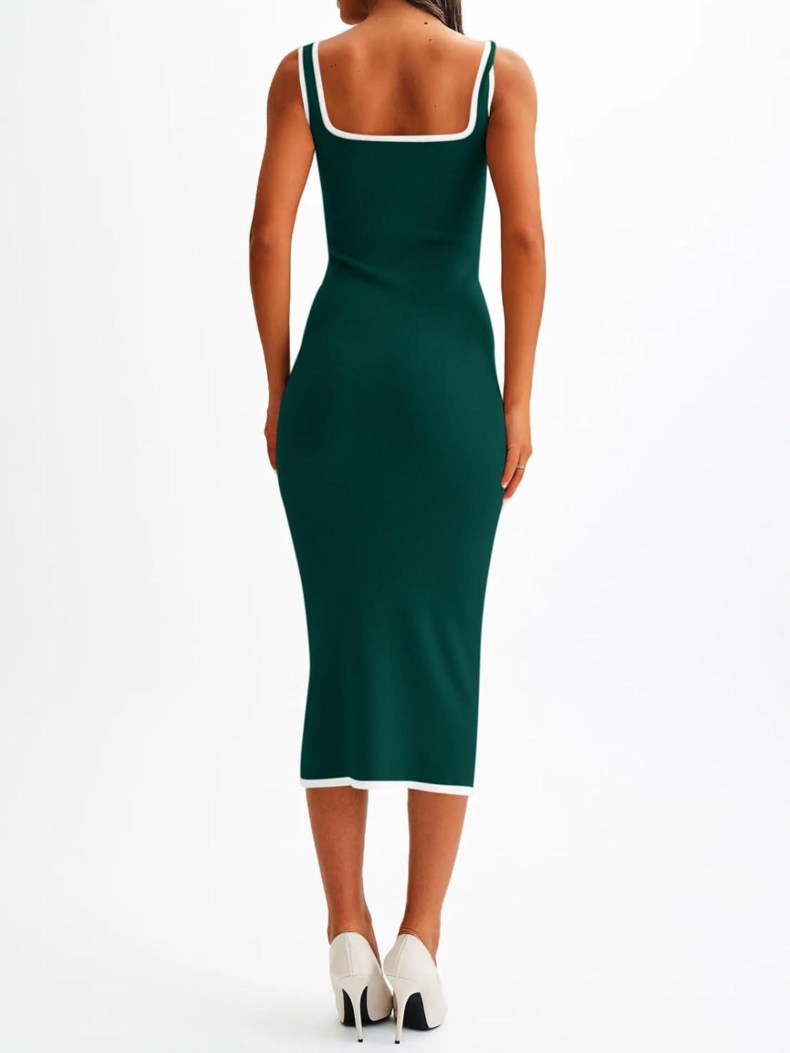 image:imageSaodimallsu Womens Summer Sleeveless Midi Dress Square Neck Knit Cocktail Bodycon Color Block Tank DressesDark Green