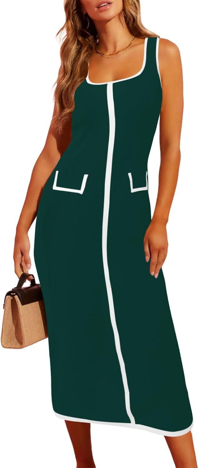image:imageSaodimallsu Womens Summer Sleeveless Midi Dress Square Neck Knit Cocktail Bodycon Color Block Tank DressesDark Green