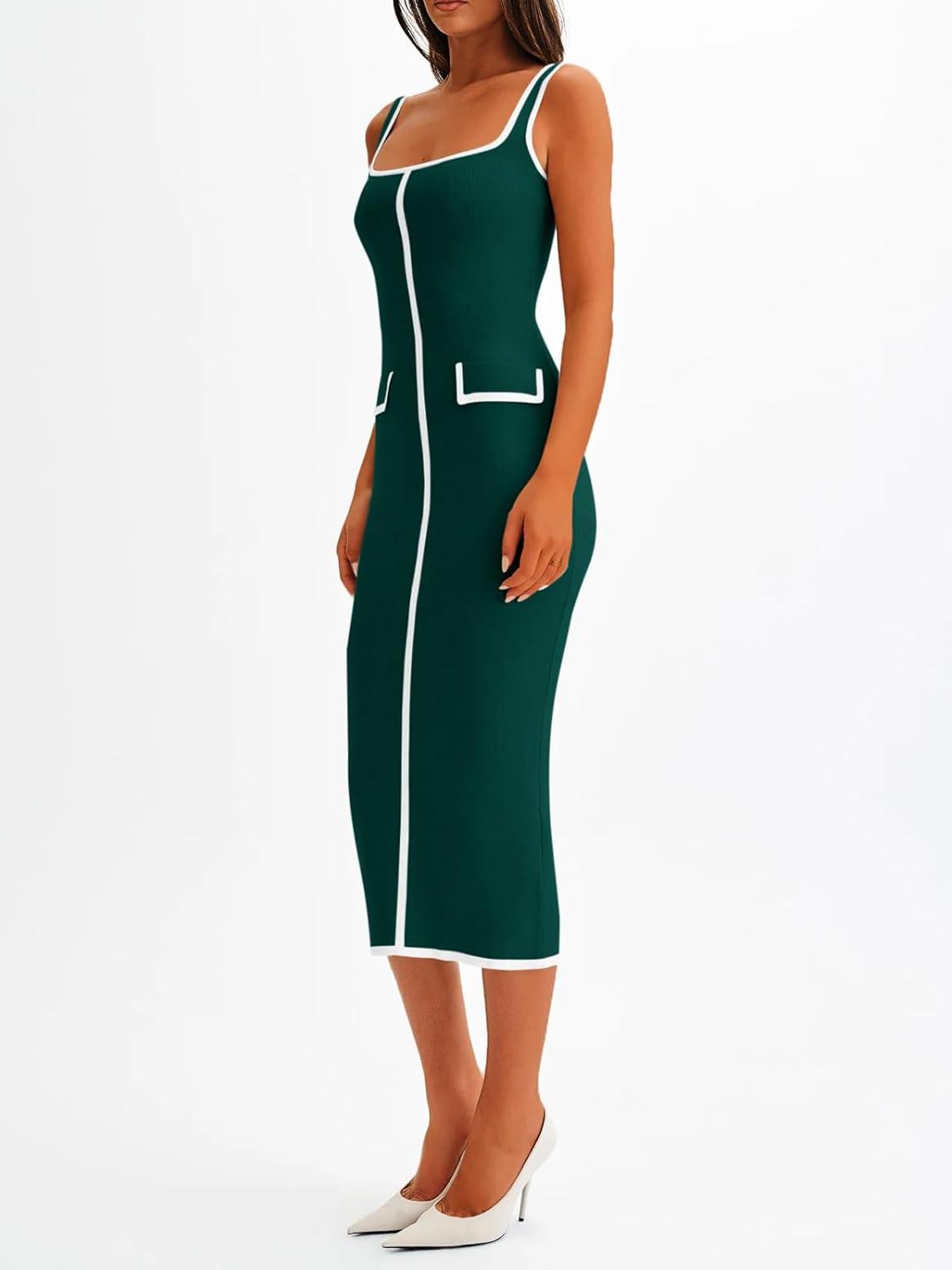 image:imageSaodimallsu Womens Summer Sleeveless Midi Dress Square Neck Knit Cocktail Bodycon Color Block Tank DressesDark Green