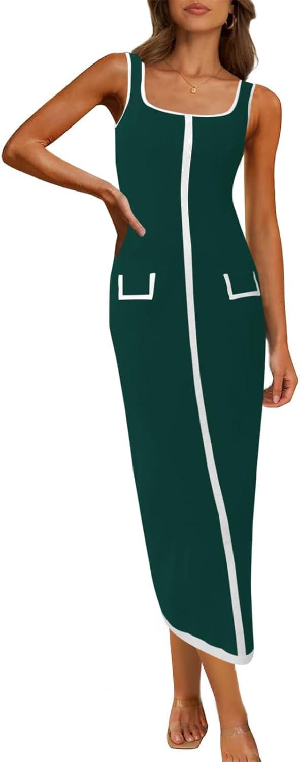 image:imageSaodimallsu Womens Summer Sleeveless Midi Dress Square Neck Knit Cocktail Bodycon Color Block Tank DressesDark Green