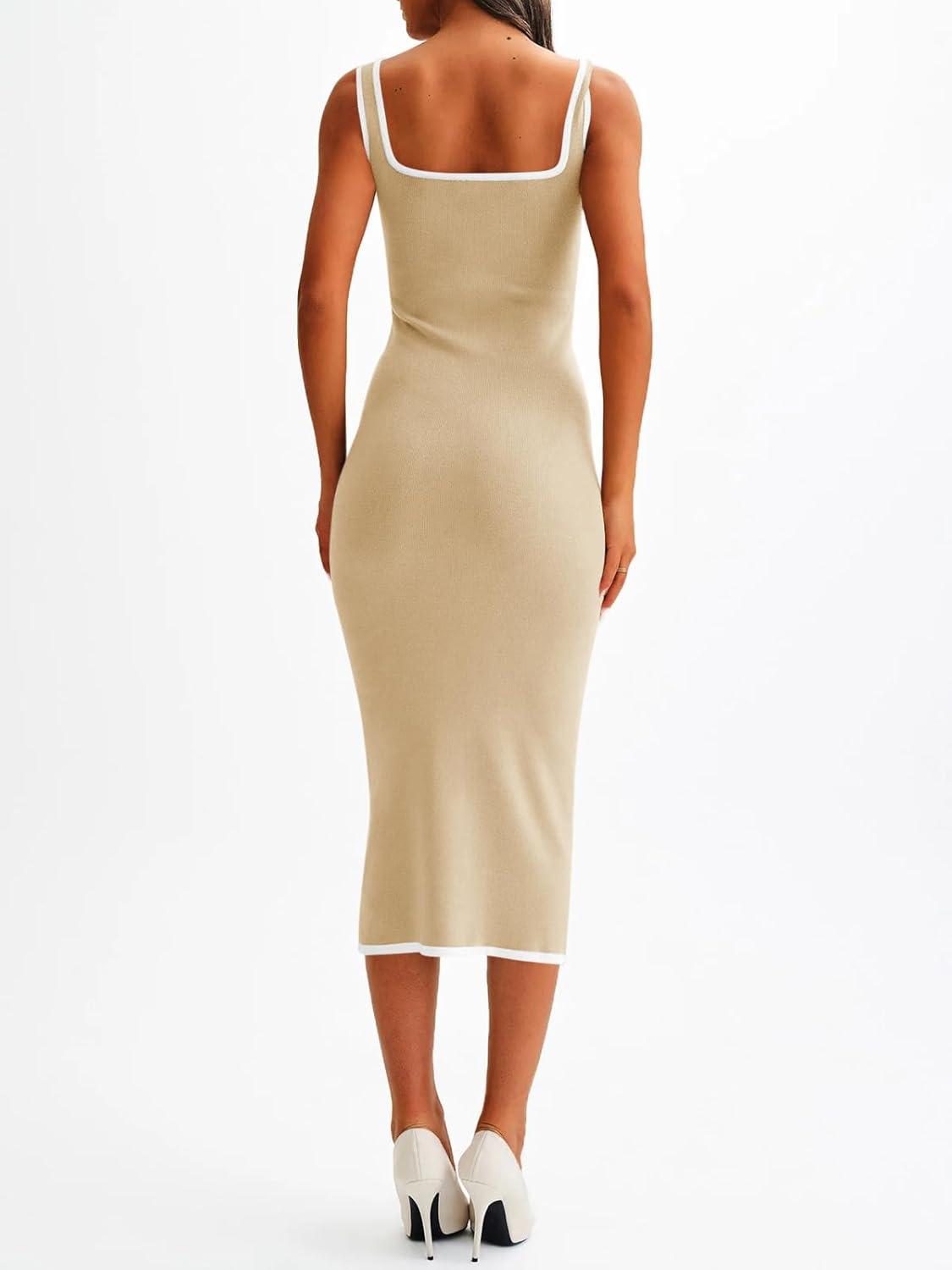 image:imageSaodimallsu Womens Summer Sleeveless Midi Dress Square Neck Knit Cocktail Bodycon Color Block Tank DressesKhaki
