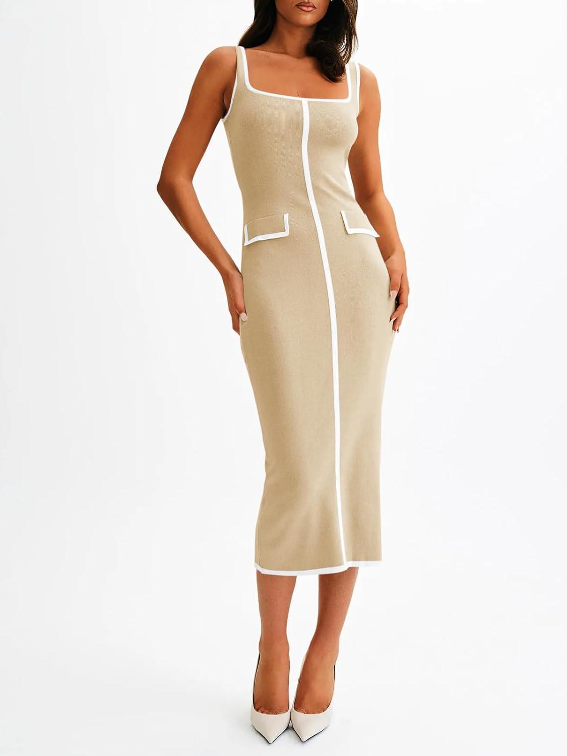 image:imageSaodimallsu Womens Summer Sleeveless Midi Dress Square Neck Knit Cocktail Bodycon Color Block Tank DressesKhaki