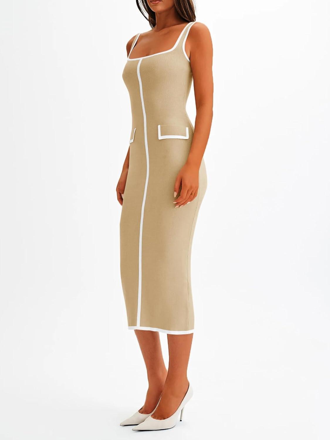image:imageSaodimallsu Womens Summer Sleeveless Midi Dress Square Neck Knit Cocktail Bodycon Color Block Tank DressesKhaki