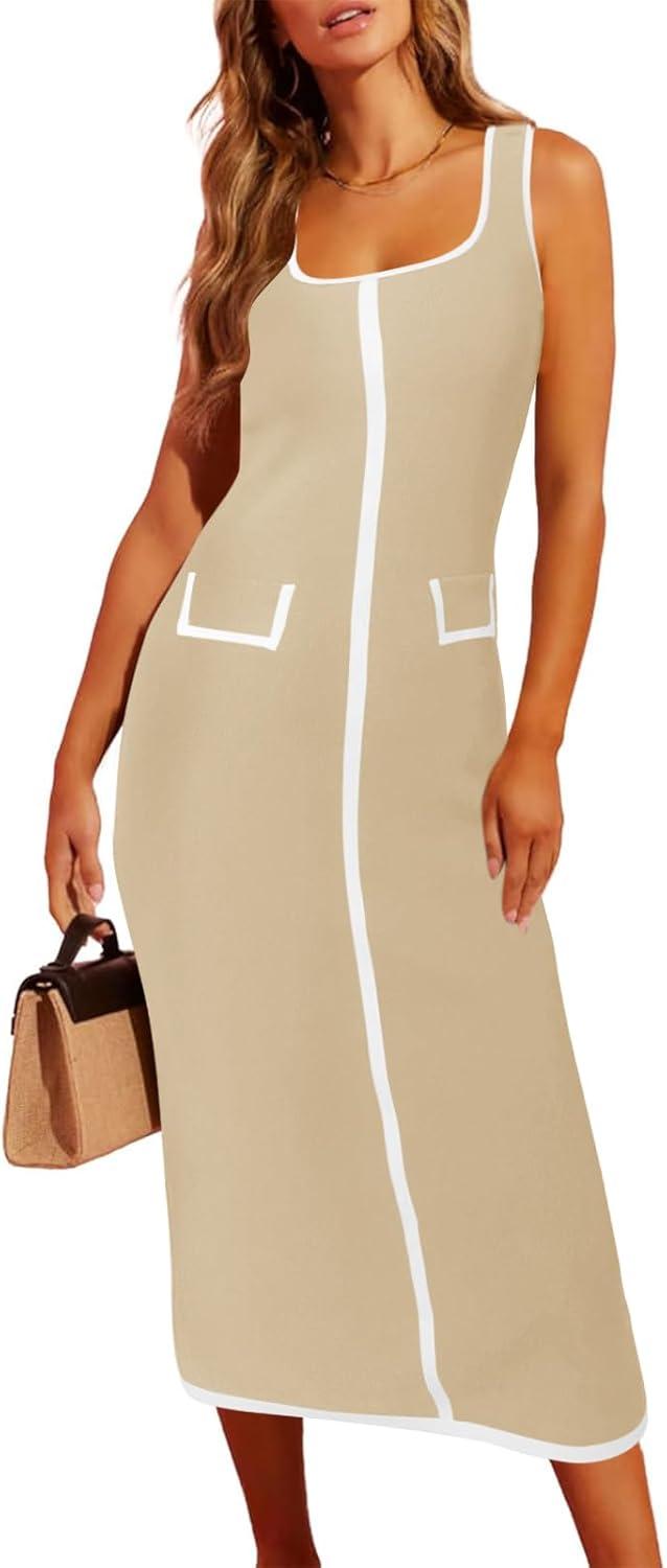 image:imageSaodimallsu Womens Summer Sleeveless Midi Dress Square Neck Knit Cocktail Bodycon Color Block Tank DressesKhaki