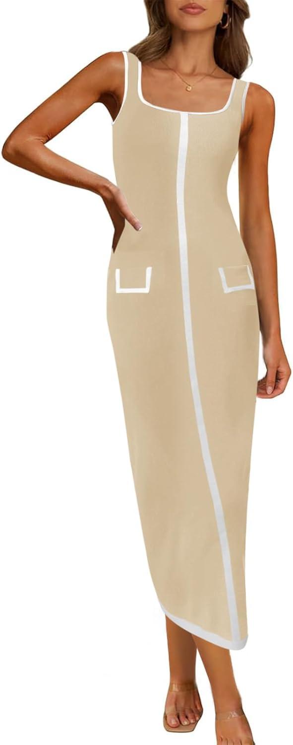 image:imageSaodimallsu Womens Summer Sleeveless Midi Dress Square Neck Knit Cocktail Bodycon Color Block Tank DressesKhaki