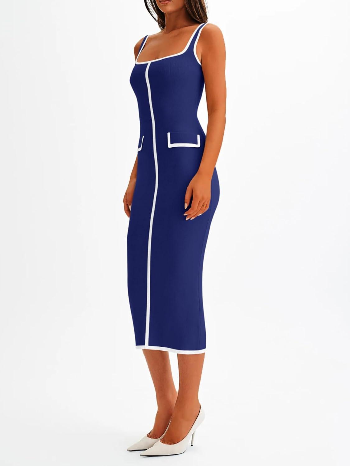 image:imageSaodimallsu Womens Summer Sleeveless Midi Dress Square Neck Knit Cocktail Bodycon Color Block Tank DressesNavy Blue