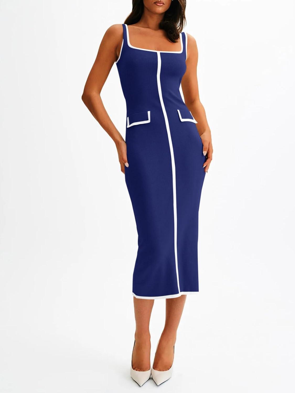 image:imageSaodimallsu Womens Summer Sleeveless Midi Dress Square Neck Knit Cocktail Bodycon Color Block Tank DressesNavy Blue
