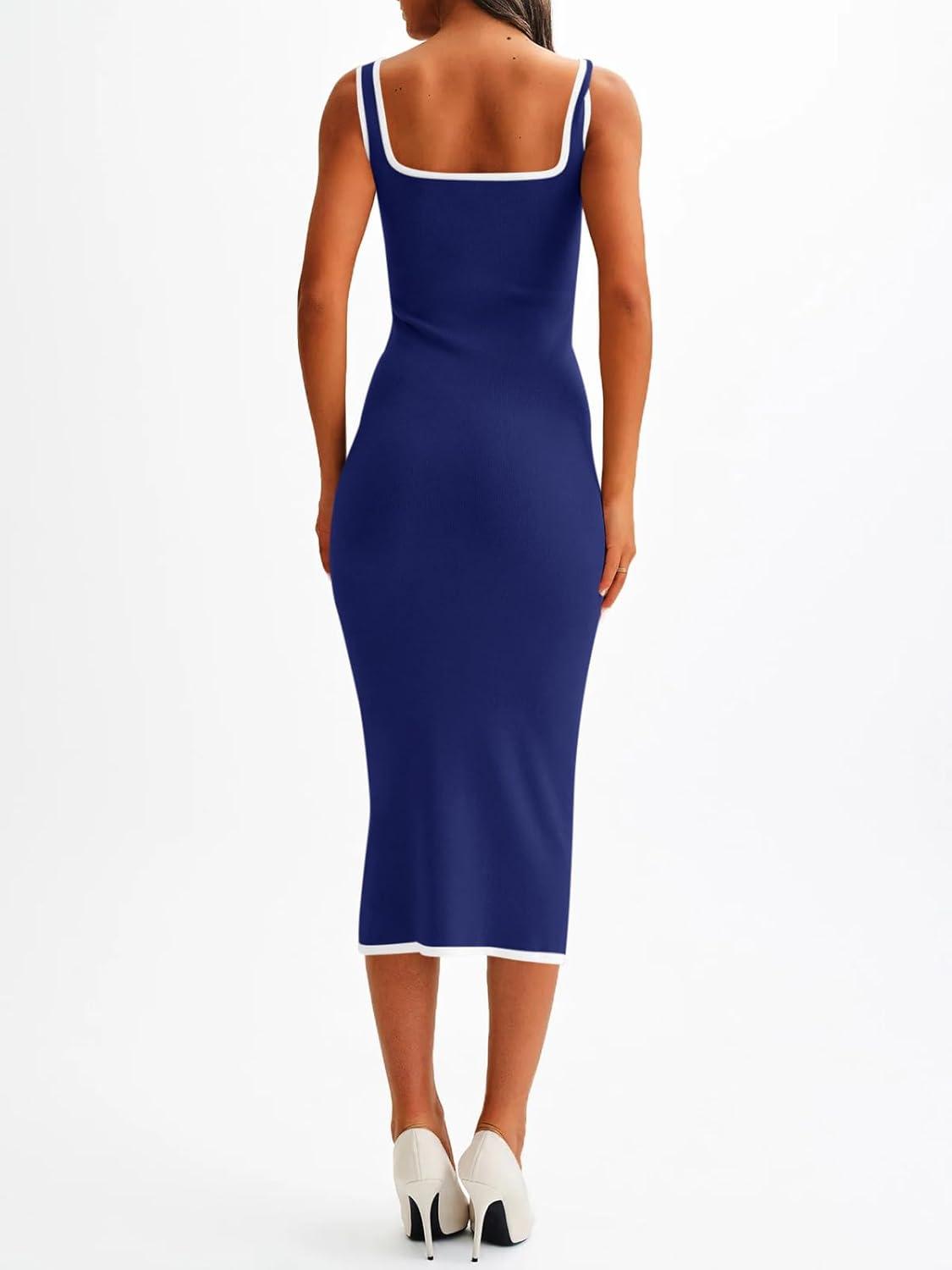 image:imageSaodimallsu Womens Summer Sleeveless Midi Dress Square Neck Knit Cocktail Bodycon Color Block Tank DressesNavy Blue