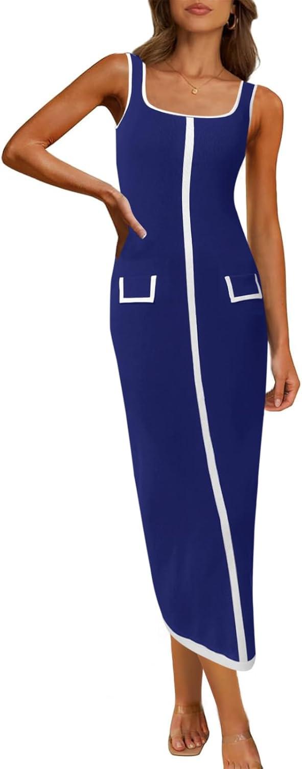 image:imageSaodimallsu Womens Summer Sleeveless Midi Dress Square Neck Knit Cocktail Bodycon Color Block Tank DressesNavy Blue