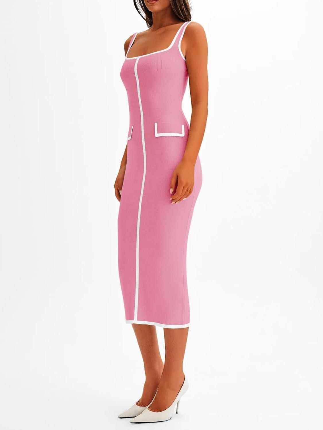 image:imageSaodimallsu Womens Summer Sleeveless Midi Dress Square Neck Knit Cocktail Bodycon Color Block Tank DressesPink