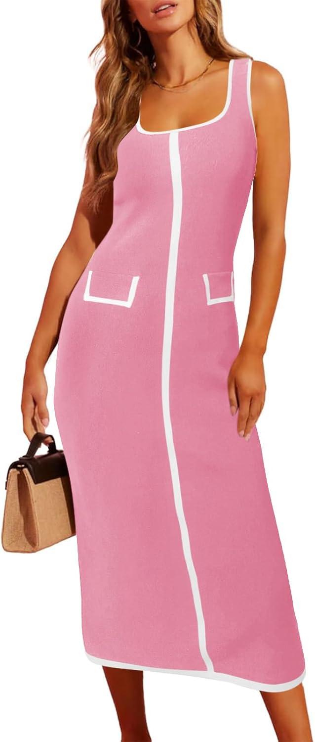 image:imageSaodimallsu Womens Summer Sleeveless Midi Dress Square Neck Knit Cocktail Bodycon Color Block Tank DressesPink