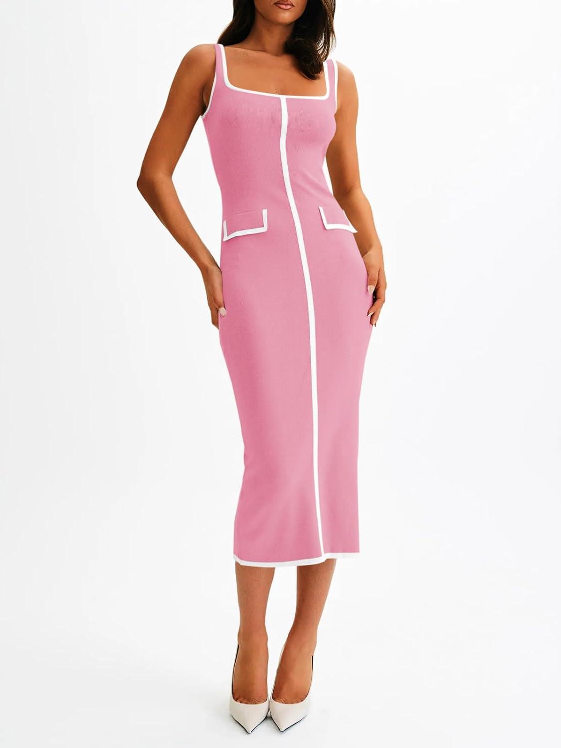 image:imageSaodimallsu Womens Summer Sleeveless Midi Dress Square Neck Knit Cocktail Bodycon Color Block Tank DressesPink