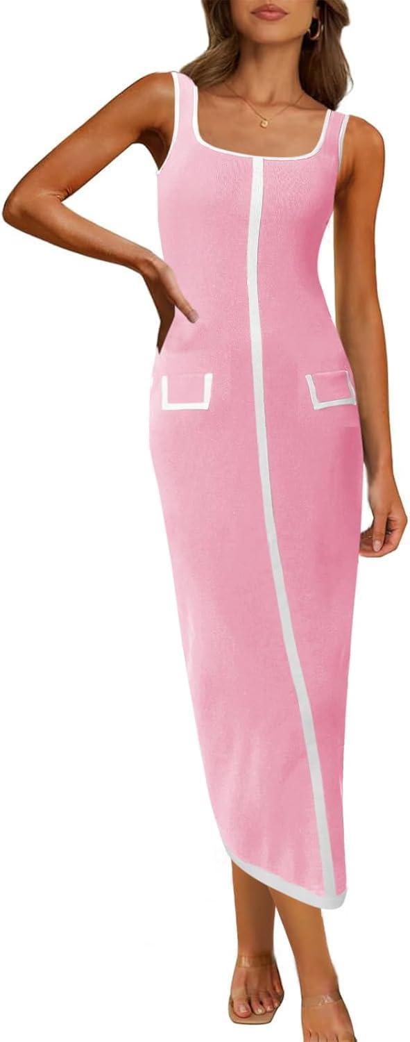 image:imageSaodimallsu Womens Summer Sleeveless Midi Dress Square Neck Knit Cocktail Bodycon Color Block Tank DressesPink