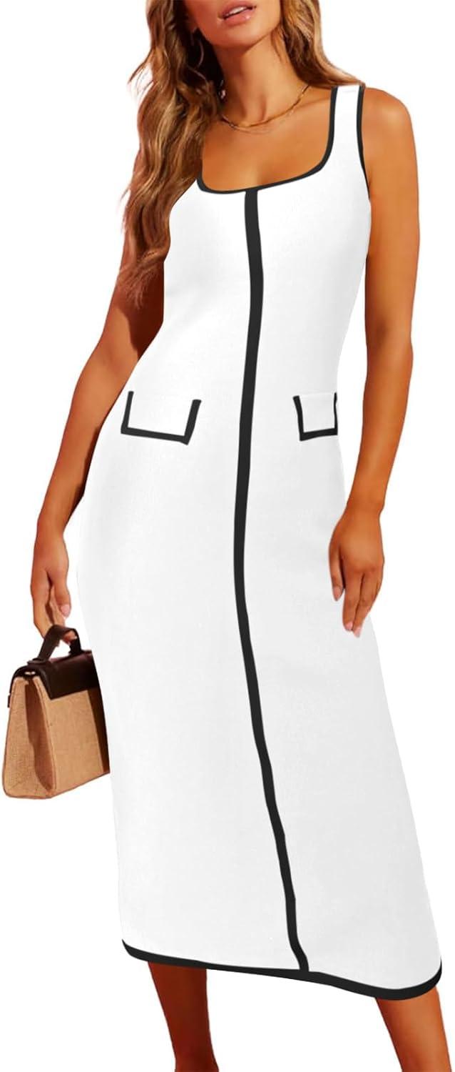 image:imageSaodimallsu Womens Summer Sleeveless Midi Dress Square Neck Knit Cocktail Bodycon Color Block Tank DressesWhite