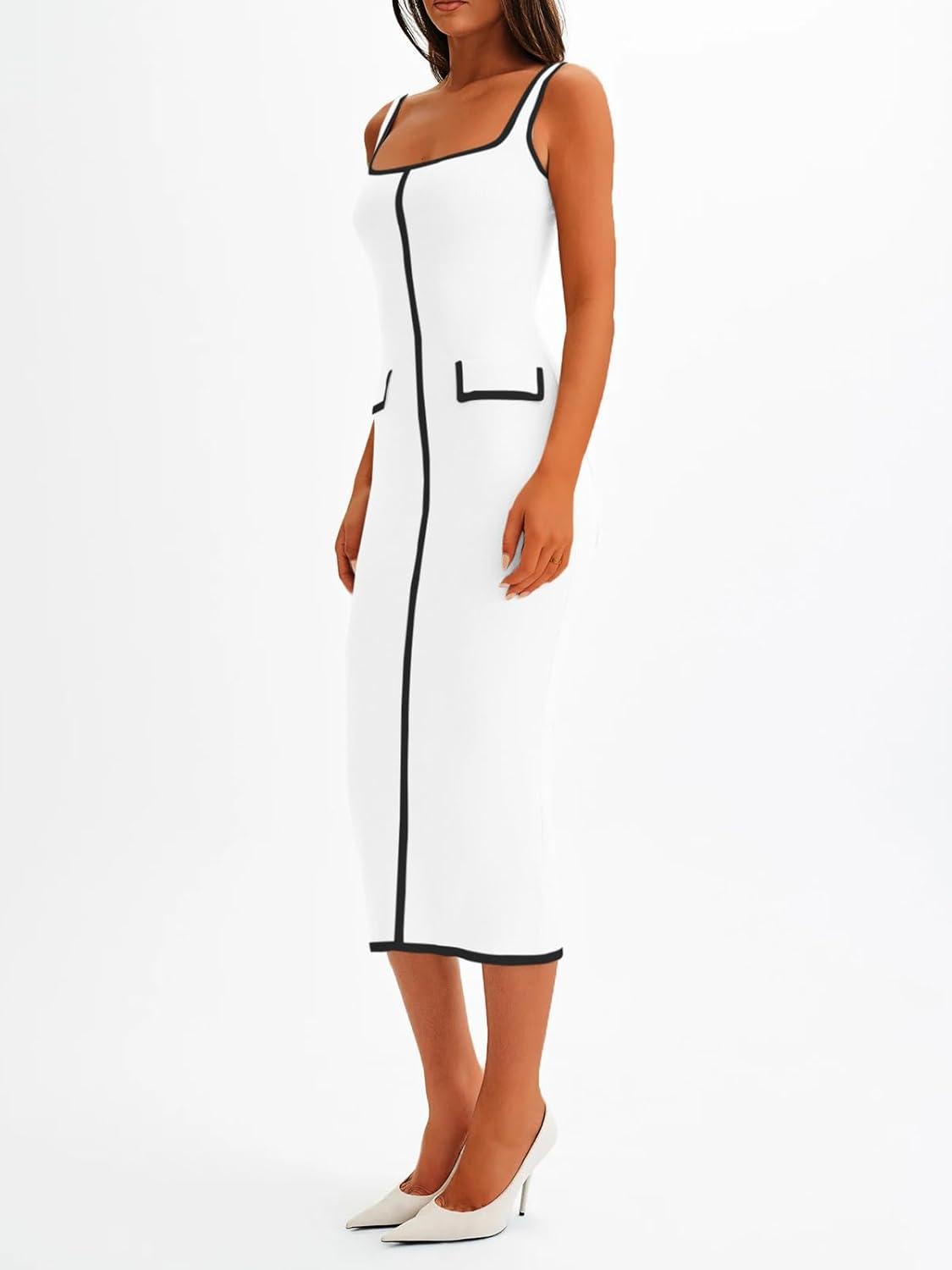 image:imageSaodimallsu Womens Summer Sleeveless Midi Dress Square Neck Knit Cocktail Bodycon Color Block Tank DressesWhite