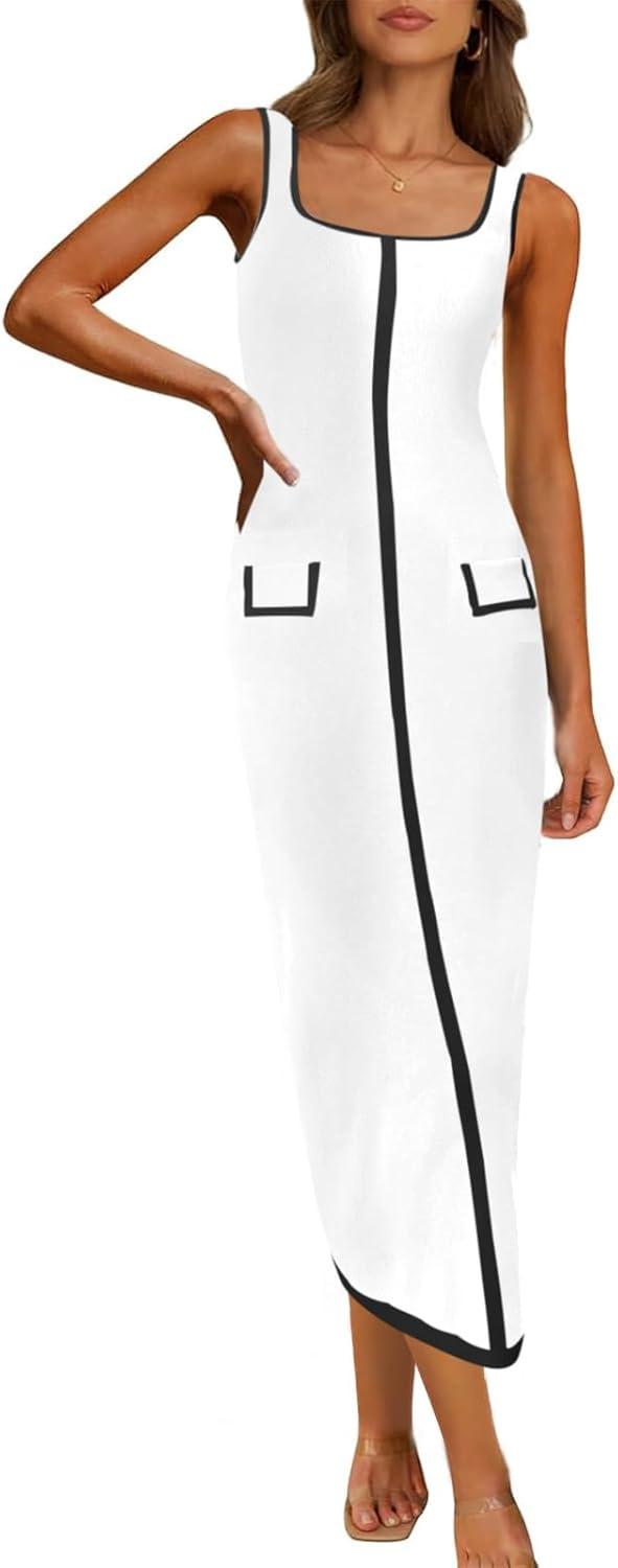 image:imageSaodimallsu Womens Summer Sleeveless Midi Dress Square Neck Knit Cocktail Bodycon Color Block Tank DressesWhite