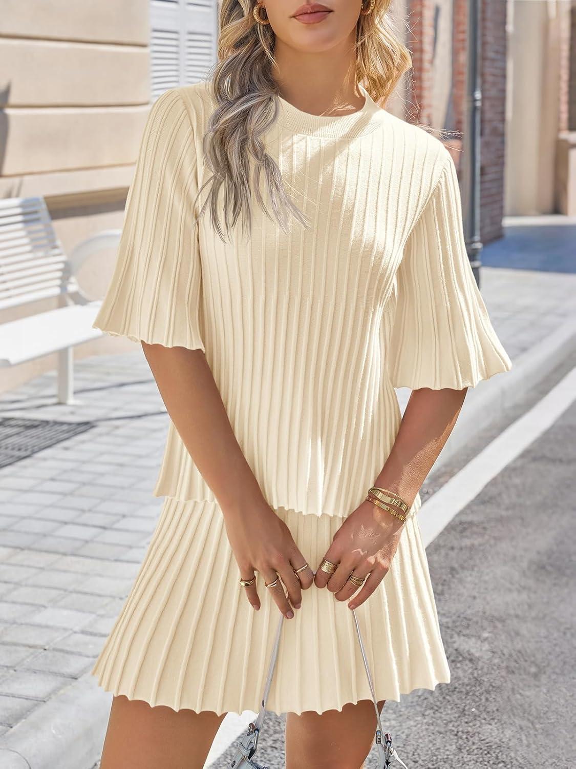 image:imageSaodimallsu Womens Sweater Sets 2 Piece Outfits Summer Half Sleeve Ribbed Knit Top and Pleated Skirt Set Lounge SetBeige