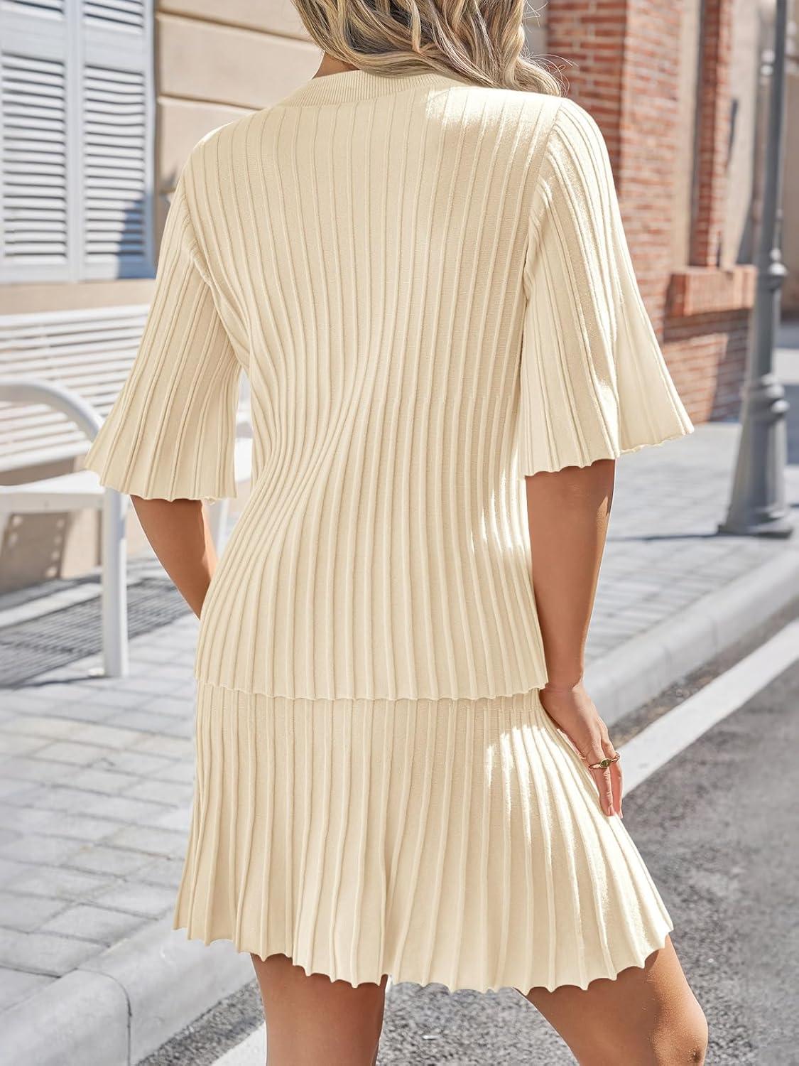 image:imageSaodimallsu Womens Sweater Sets 2 Piece Outfits Summer Half Sleeve Ribbed Knit Top and Pleated Skirt Set Lounge SetBeige