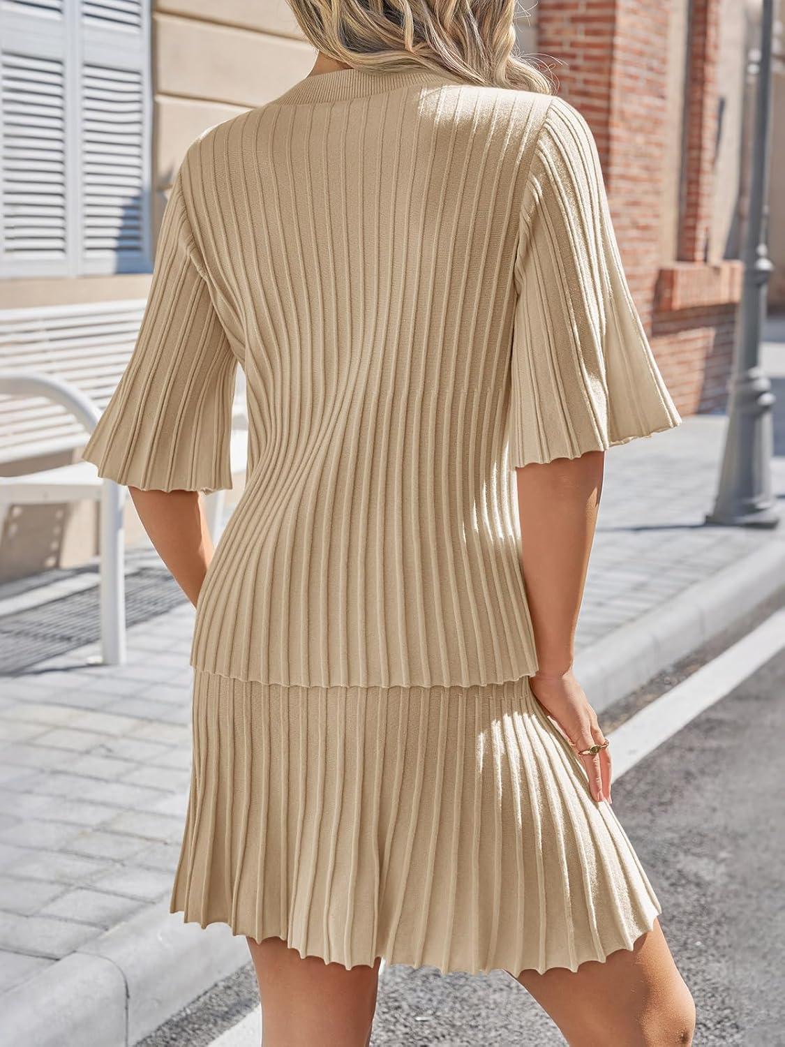 image:imageSaodimallsu Womens Sweater Sets 2 Piece Outfits Summer Half Sleeve Ribbed Knit Top and Pleated Skirt Set Lounge SetKhaki