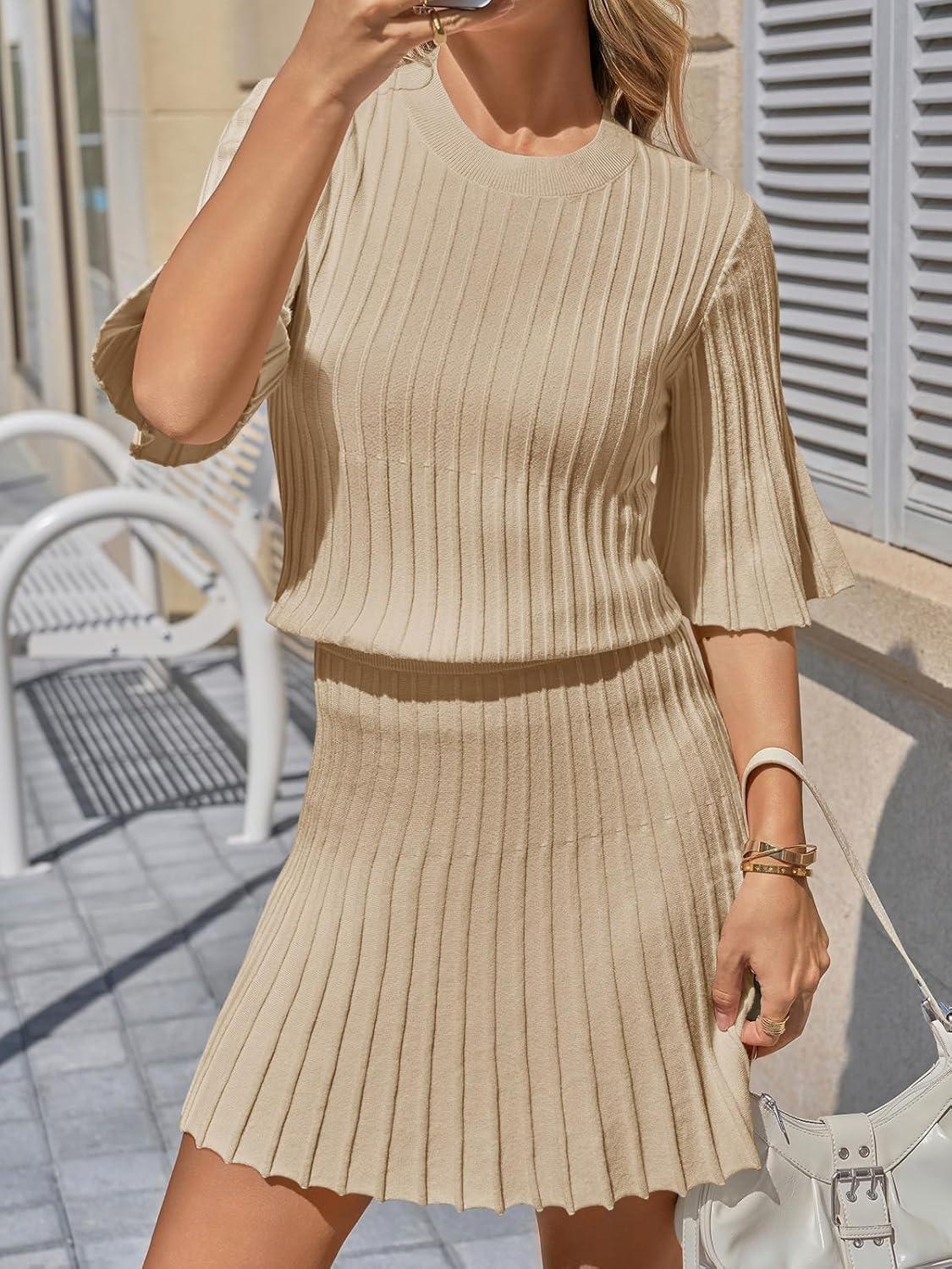 image:imageSaodimallsu Womens Sweater Sets 2 Piece Outfits Summer Half Sleeve Ribbed Knit Top and Pleated Skirt Set Lounge SetKhaki