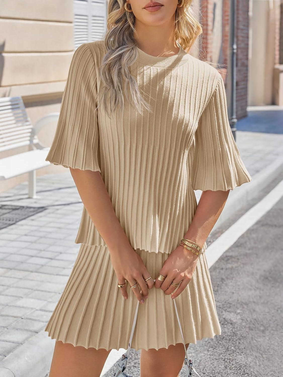 image:imageSaodimallsu Womens Sweater Sets 2 Piece Outfits Summer Half Sleeve Ribbed Knit Top and Pleated Skirt Set Lounge SetKhaki