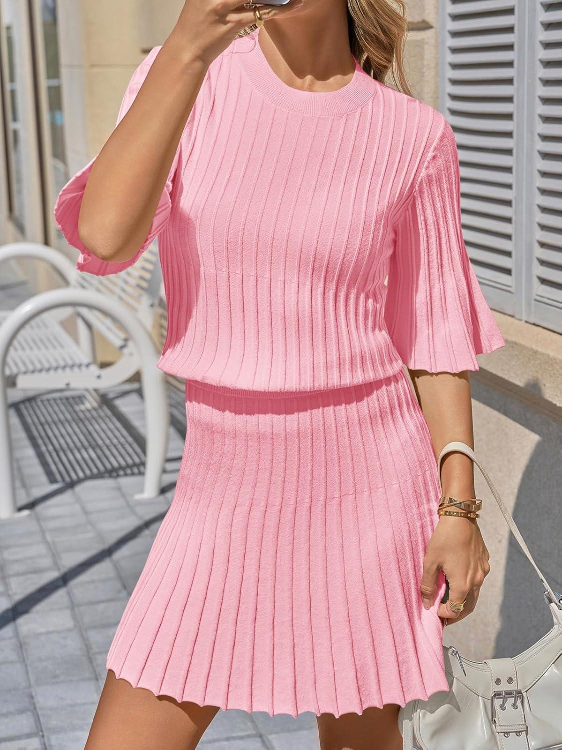 image:imageSaodimallsu Womens Sweater Sets 2 Piece Outfits Summer Half Sleeve Ribbed Knit Top and Pleated Skirt Set Lounge SetPink