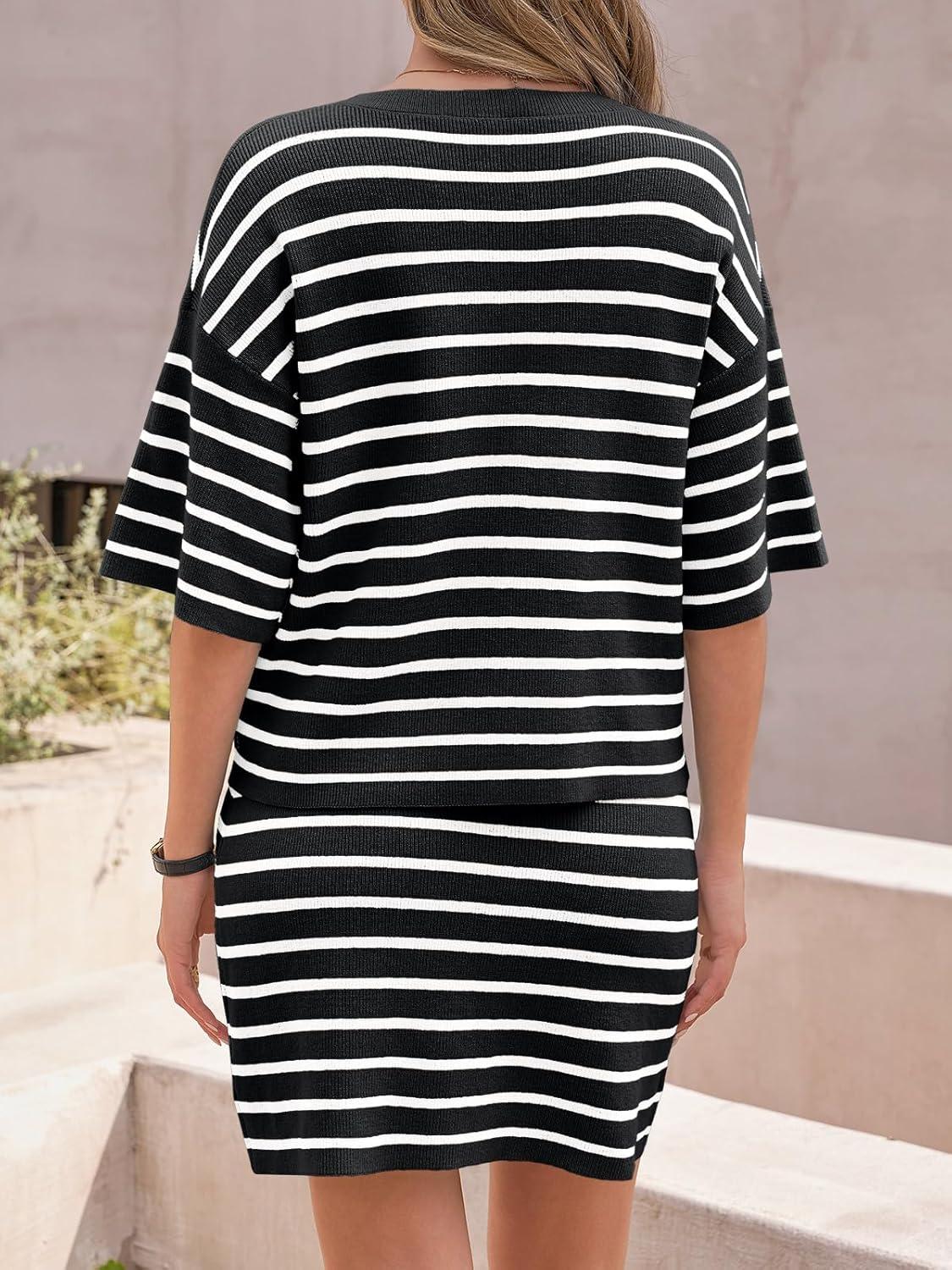 image:imageSaodimallsu Womens Two Piece Skirt Set Summer Striped Knit Short Sleeve Button Cardigans And Mini Skirt Lounge SetBlack