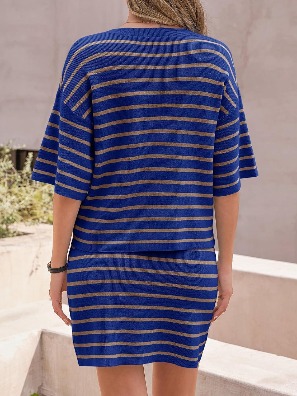 image:imageSaodimallsu Womens Two Piece Skirt Set Summer Striped Knit Short Sleeve Button Cardigans And Mini Skirt Lounge SetDark Blue