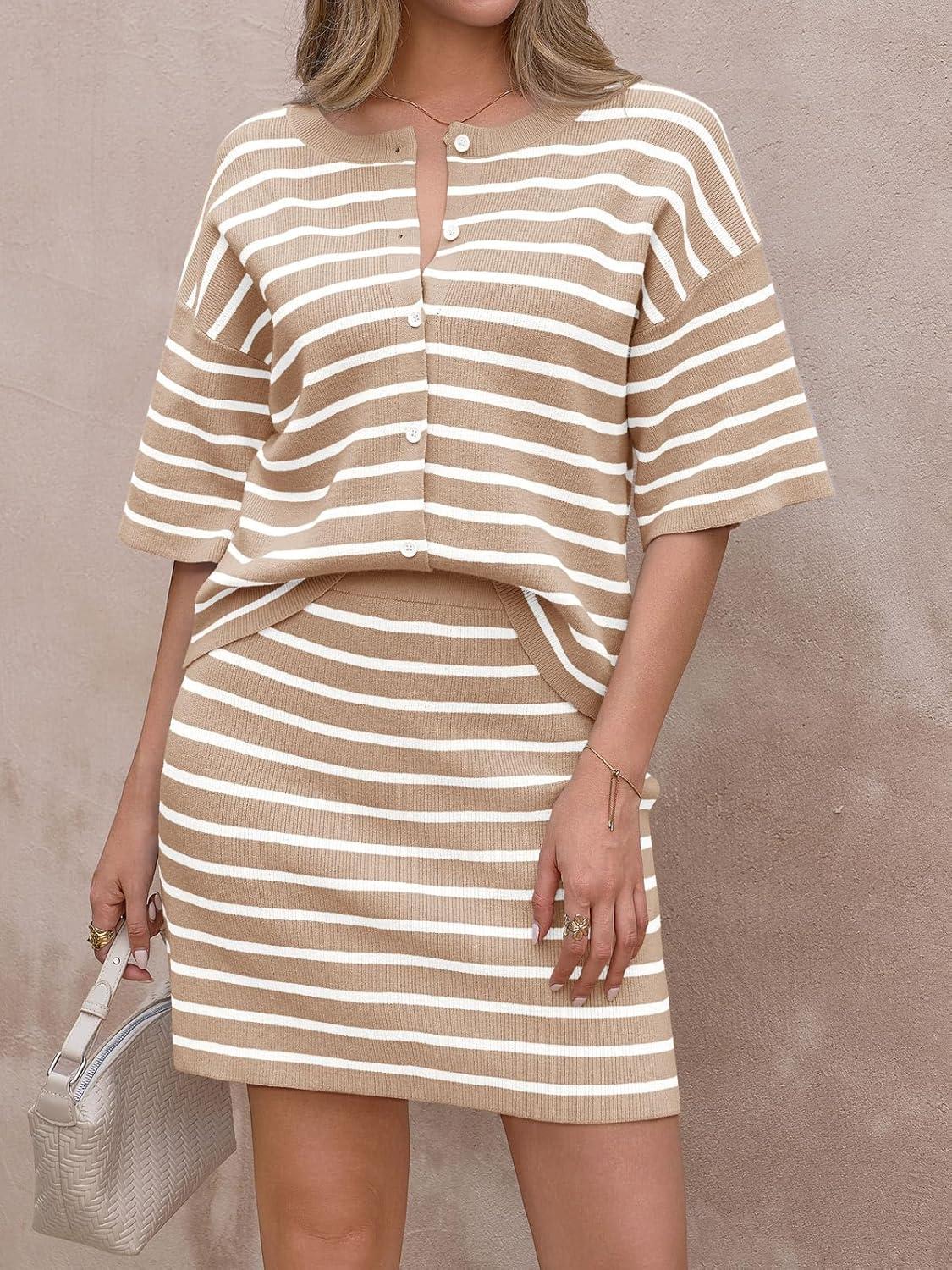 image:imageSaodimallsu Womens Two Piece Skirt Set Summer Striped Knit Short Sleeve Button Cardigans And Mini Skirt Lounge SetKhaki