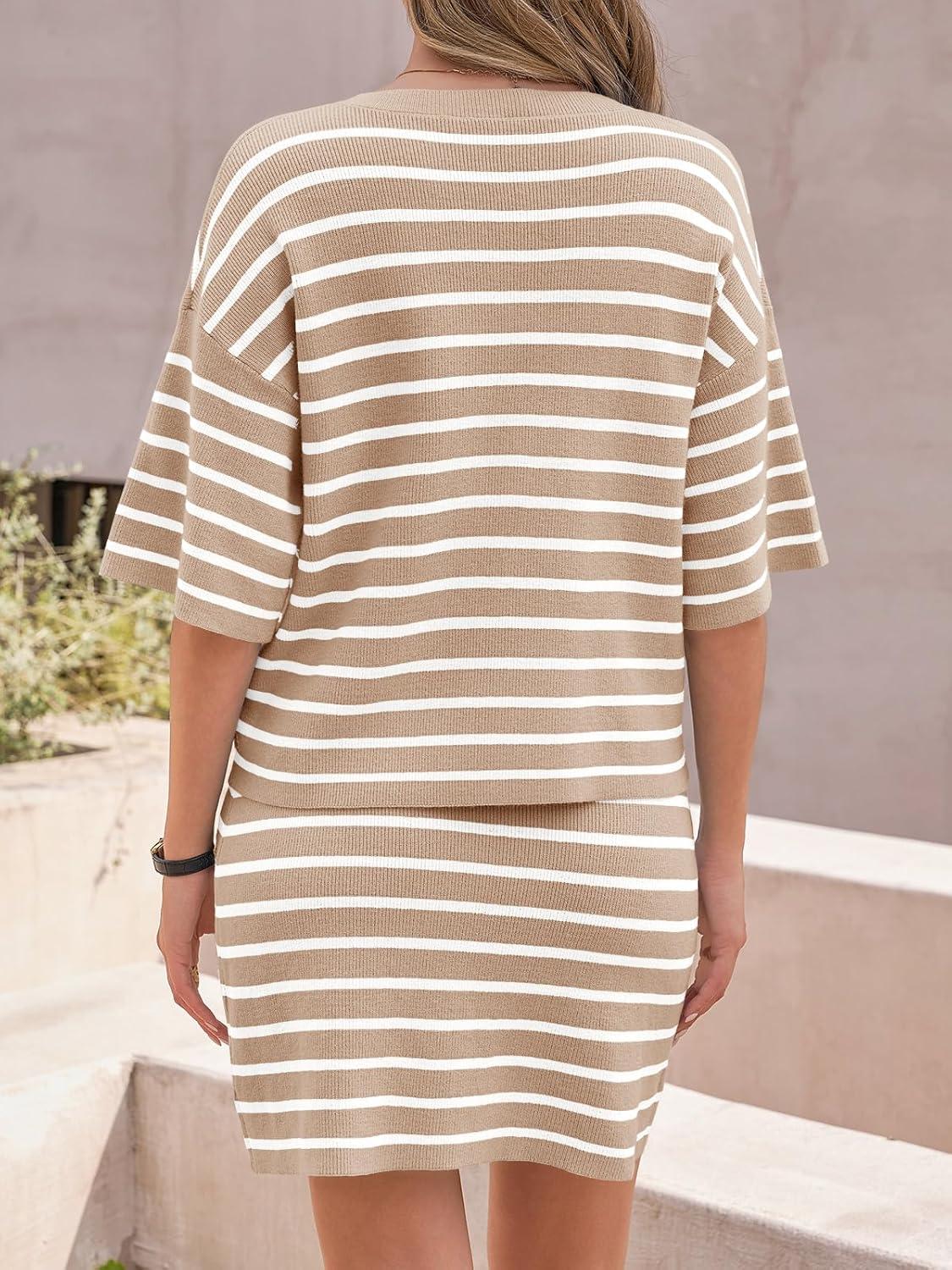 image:imageSaodimallsu Womens Two Piece Skirt Set Summer Striped Knit Short Sleeve Button Cardigans And Mini Skirt Lounge SetKhaki