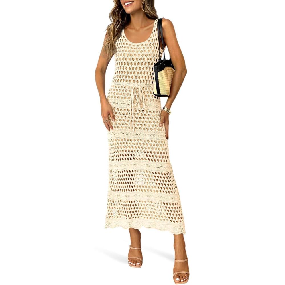 image:imageSaodimallsu Womens Crochet Beach Cover Up Dress Sleeveless Scoop Neck Drawstring Long Dresses Summer Vacation OutfitsApricot