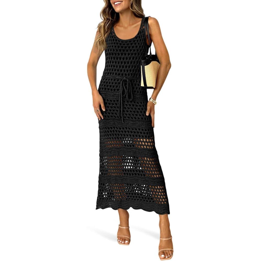 image:imageSaodimallsu Womens Crochet Beach Cover Up Dress Sleeveless Scoop Neck Drawstring Long Dresses Summer Vacation OutfitsBlack