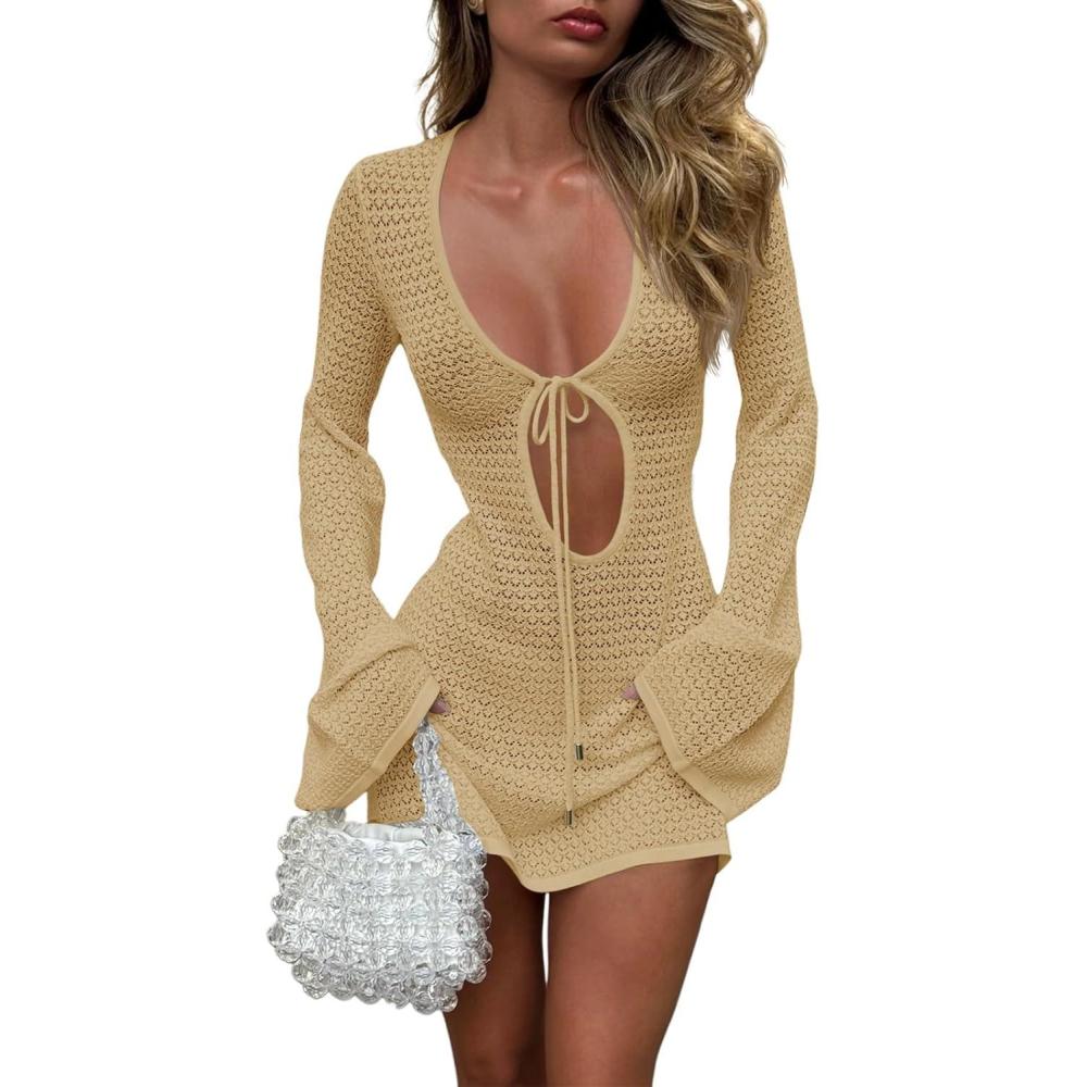 image:imageSaodimallsu Womens Crochet Swimsuit Cover Up Long Bell Sleeve V Neck Tie Mesh Knit Summer Beach Dress Vacation OutfitsKhaki