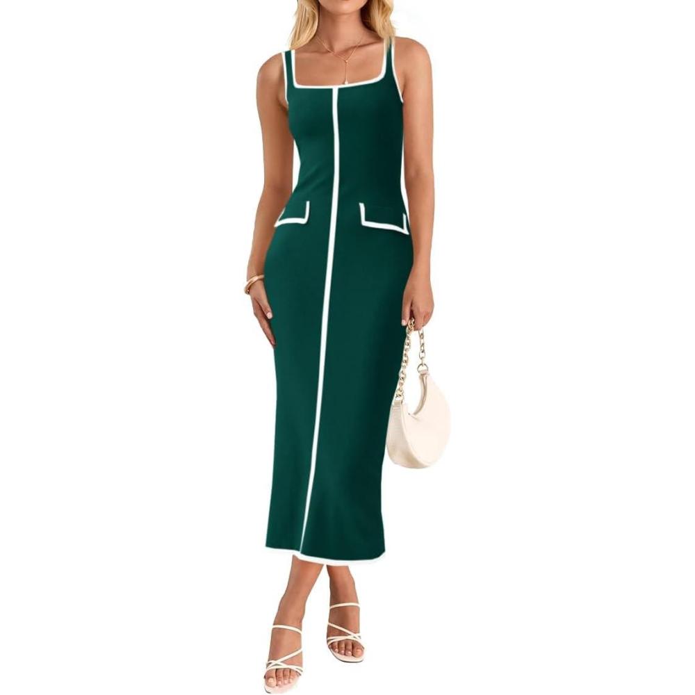image:imageSaodimallsu Womens Summer Sleeveless Midi Dress Square Neck Knit Cocktail Bodycon Color Block Tank DressesDark Green