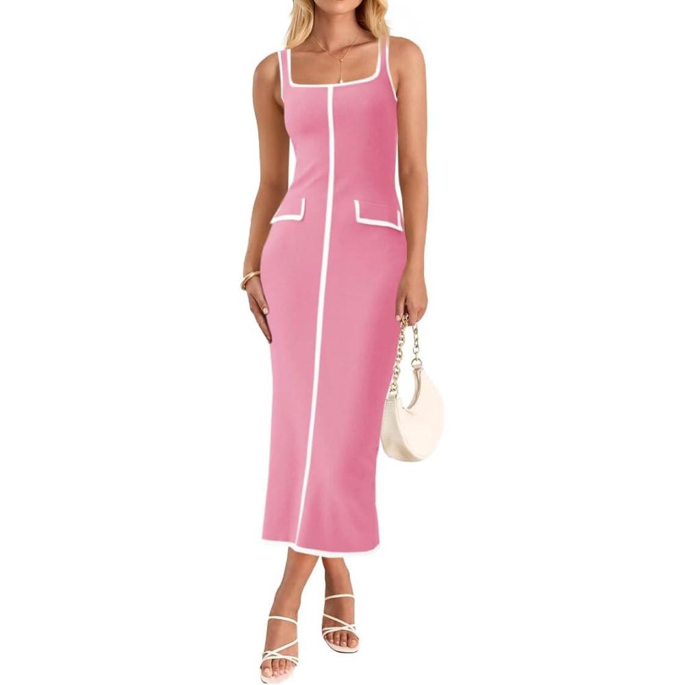 image:imageSaodimallsu Womens Summer Sleeveless Midi Dress Square Neck Knit Cocktail Bodycon Color Block Tank DressesPink