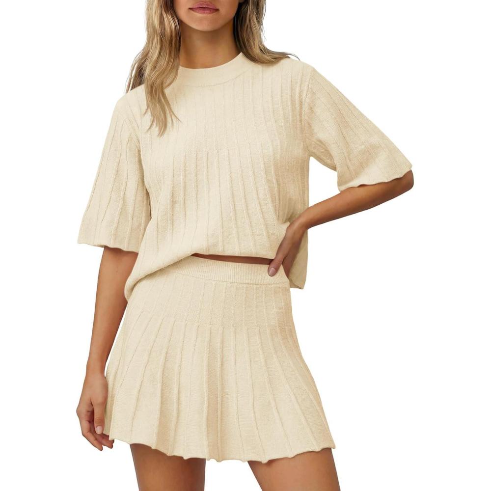 image:imageSaodimallsu Womens Sweater Sets 2 Piece Outfits Summer Half Sleeve Ribbed Knit Top and Pleated Skirt Set Lounge SetBeige