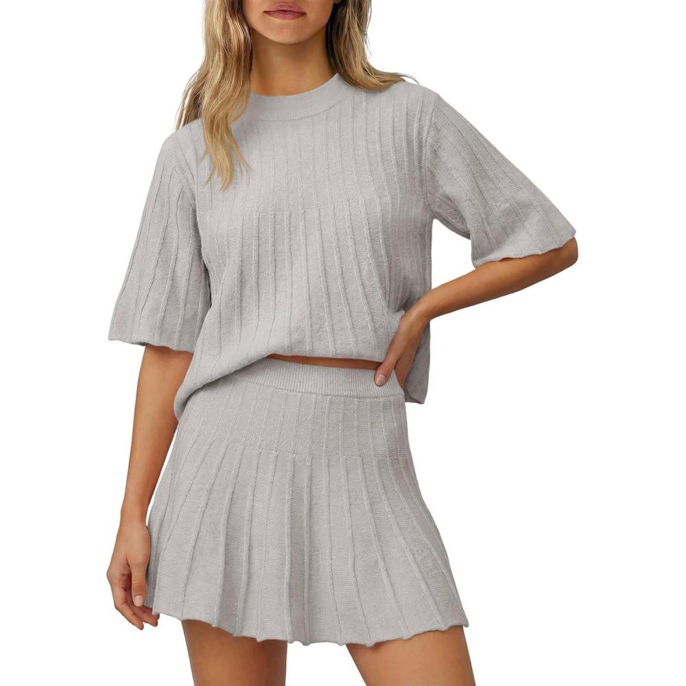 image:imageSaodimallsu Womens Sweater Sets 2 Piece Outfits Summer Half Sleeve Ribbed Knit Top and Pleated Skirt Set Lounge SetGrey