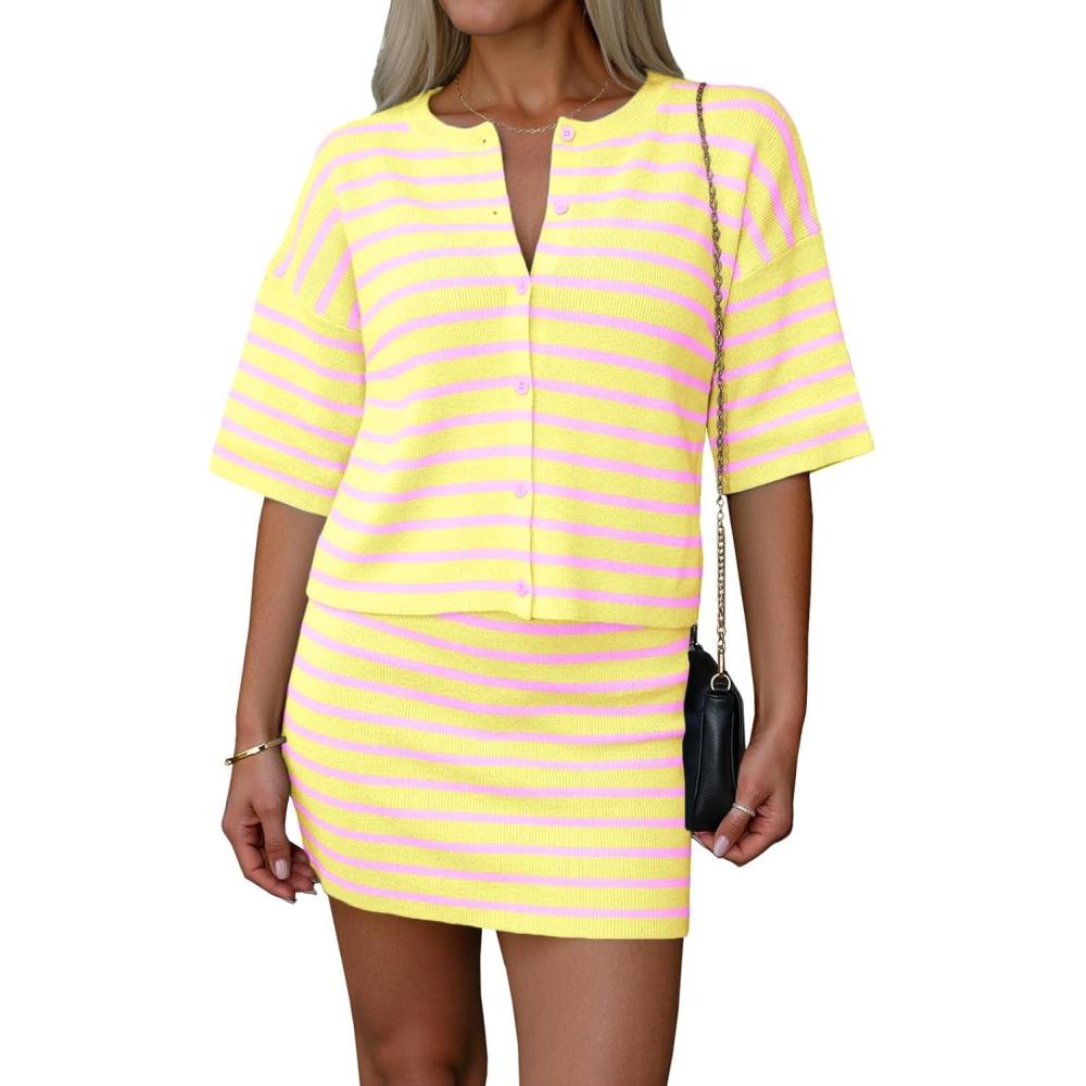 image:imageSaodimallsu Womens Two Piece Skirt Set Summer Striped Knit Short Sleeve Button Cardigans And Mini Skirt Lounge SetYellow