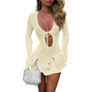 Saodimallsu Womens Crochet Swimsuit Cover Up Long Bell Sleeve V Neck Tie Mesh Knit Summer Beach Dress Vacation Outfits(Beige)
