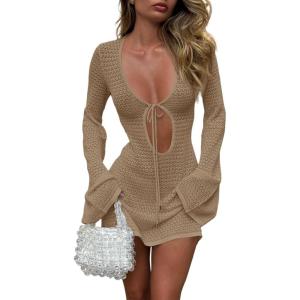 Saodimallsu Womens Crochet Swimsuit Cover Up Long Bell Sleeve V Neck Tie Mesh Knit Summer Beach Dress Vacation Outfits(Dark Khaki)