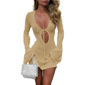 Saodimallsu Womens Crochet Swimsuit Cover Up Long Bell Sleeve V Neck Tie Mesh Knit Summer Beach Dress Vacation Outfits(Khaki)