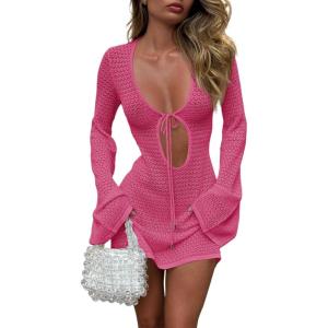Saodimallsu Womens Crochet Swimsuit Cover Up Long Bell Sleeve V Neck Tie Mesh Knit Summer Beach Dress Vacation Outfits(Pink)