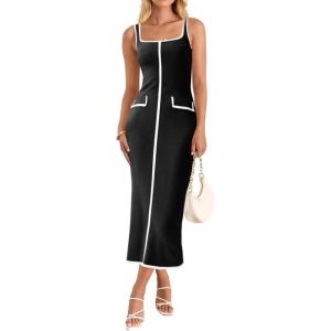 Saodimallsu Womens Summer Sleeveless Midi Dress Square Neck Knit Cocktail Bodycon Color Block Tank Dresses(Black)