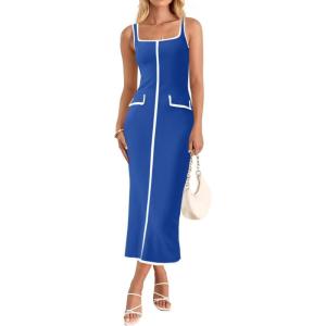 Saodimallsu Womens Summer Sleeveless Midi Dress Square Neck Knit Cocktail Bodycon Color Block Tank Dresses(Blue)