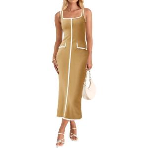 Saodimallsu Womens Summer Sleeveless Midi Dress Square Neck Knit Cocktail Bodycon Color Block Tank Dresses(Brown)