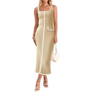 Saodimallsu Womens Summer Sleeveless Midi Dress Square Neck Knit Cocktail Bodycon Color Block Tank Dresses(Khaki)