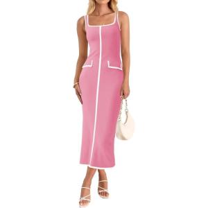 Saodimallsu Womens Summer Sleeveless Midi Dress Square Neck Knit Cocktail Bodycon Color Block Tank Dresses(Pink)