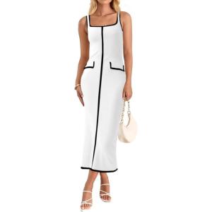 Saodimallsu Womens Summer Sleeveless Midi Dress Square Neck Knit Cocktail Bodycon Color Block Tank Dresses(White)